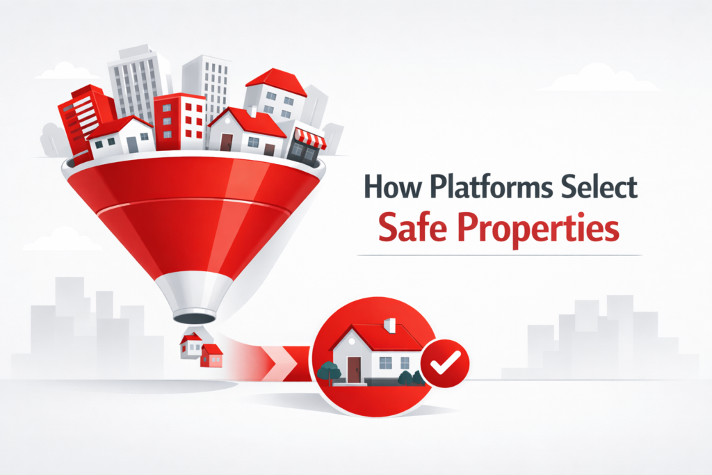 Illustration showing property selection process where platforms filter multiple assets to choose safe real estate investments with verified quality and lower risk.