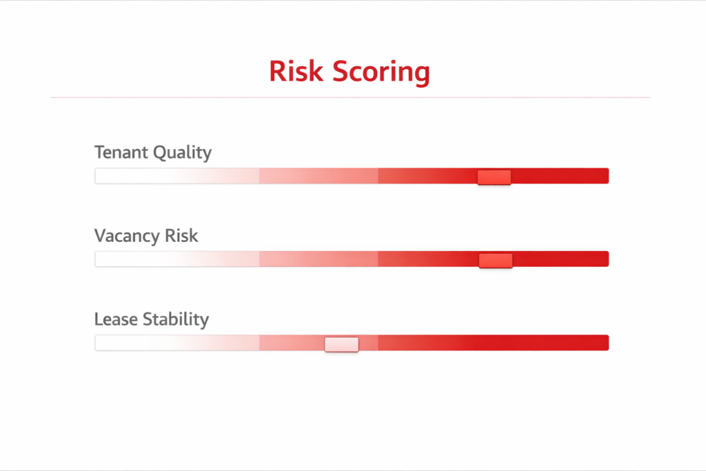 Risk scoring dashboard showing tenant quality, vacancy risk, and lease stability metrics used to evaluate safety in fractional real estate investments.