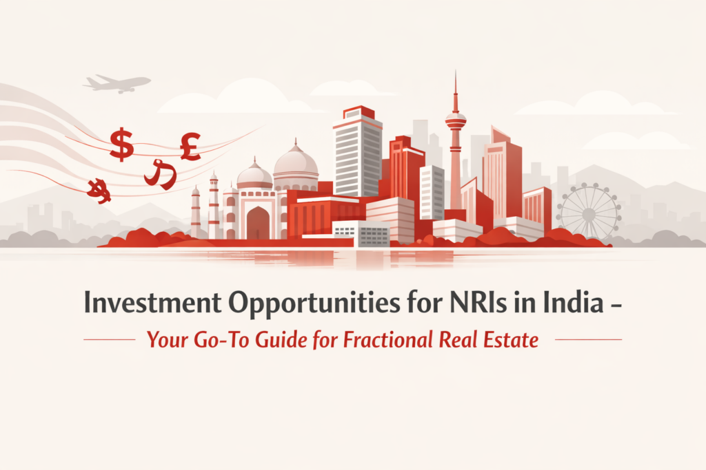 Illustration of NRI investment opportunities in India with city skyline and currency symbols, highlighting fractional real estate options and global capital flow.