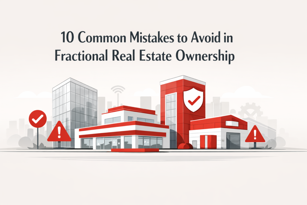 Illustration of common mistakes in fractional real estate ownership with warning signs and buildings, highlighting risks investors should avoid.