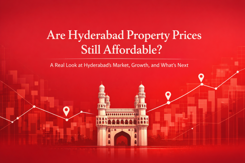 Illustration of Hyderabad property prices with Charminar and rising graph, highlighting affordability, real estate growth, and market trends in Hyderabad.