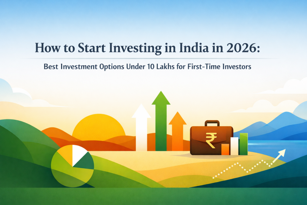 Illustration of investing in India in 2026 with growth arrows, charts, and portfolio icon, highlighting best investment options under 10 lakhs for beginners.