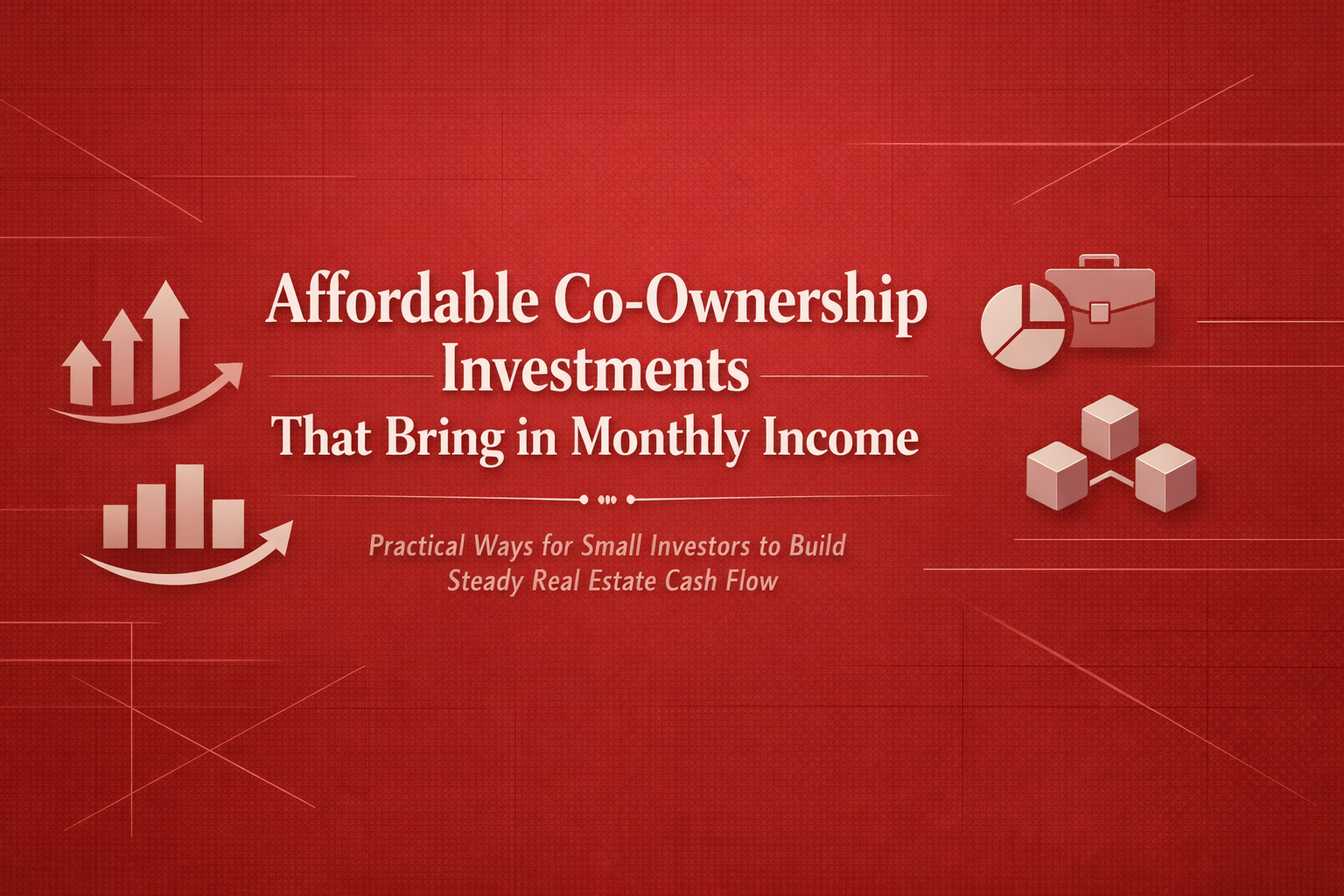 Illustration of affordable co-ownership investments showing real estate income, growth charts, and portfolio icons for steady monthly income generation.