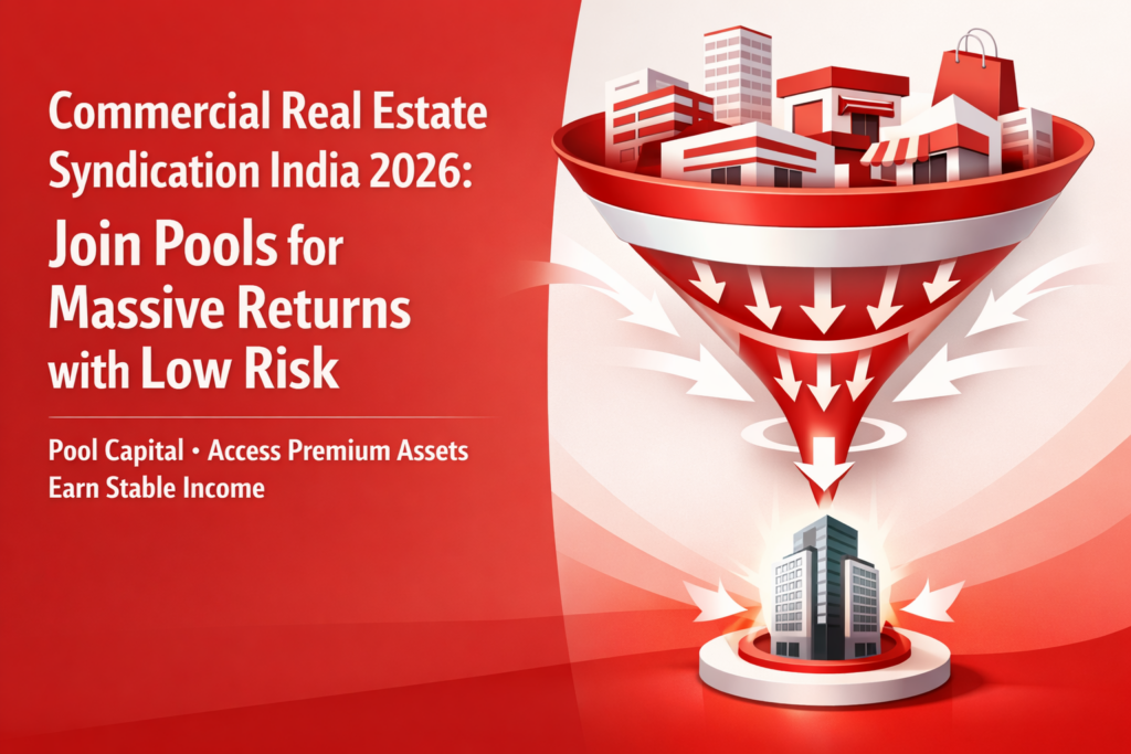 Illustration of commercial real estate syndication in India showing pooled capital funneling into premium property investments for stable income.