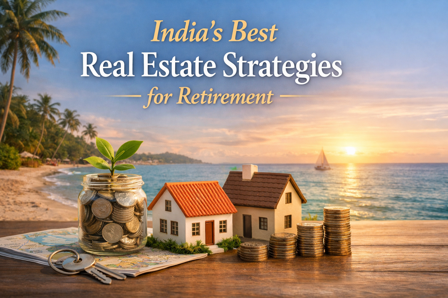 Illustration of real estate investment for retirement in India with house models, coins, savings jar, and beach background symbolizing wealth growth.