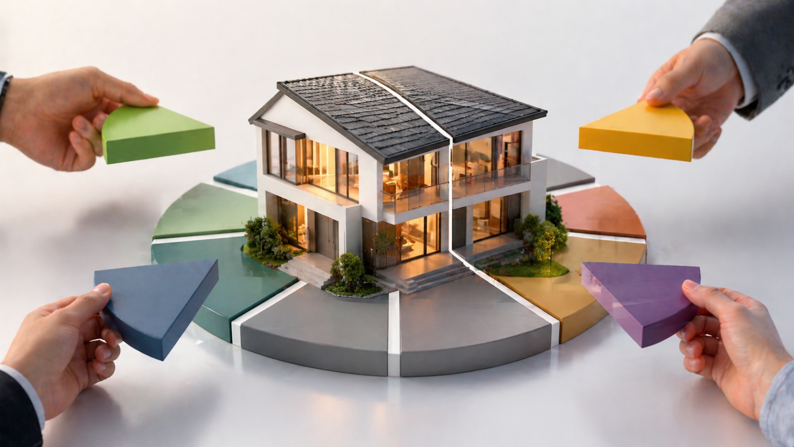 Modern luxury house model placed on a circular segmented base, each section representing divided ownership shares, symbolizing fractional real estate investment.