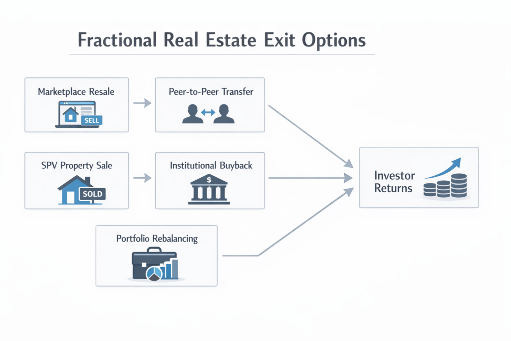 Diagram showing fractional real estate exit options including marketplace resale, peer-to-peer transfer, SPV property sale, and buyback leading to investor returns.
