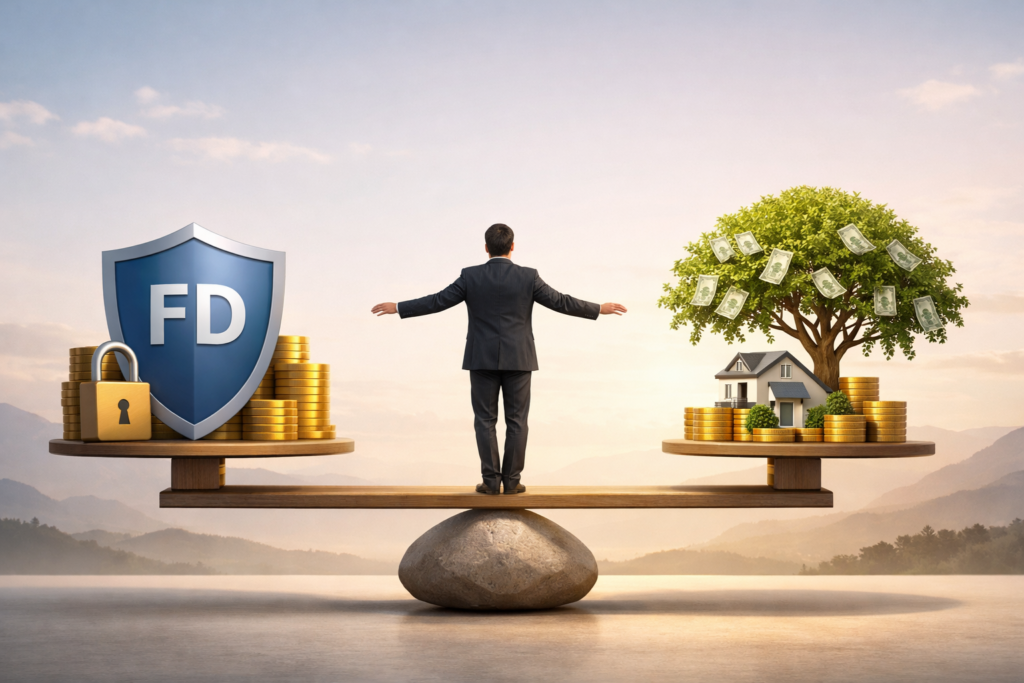 Comparison of fixed deposit vs real estate investment showing safety of FD versus higher returns from property with balance scale illustration.