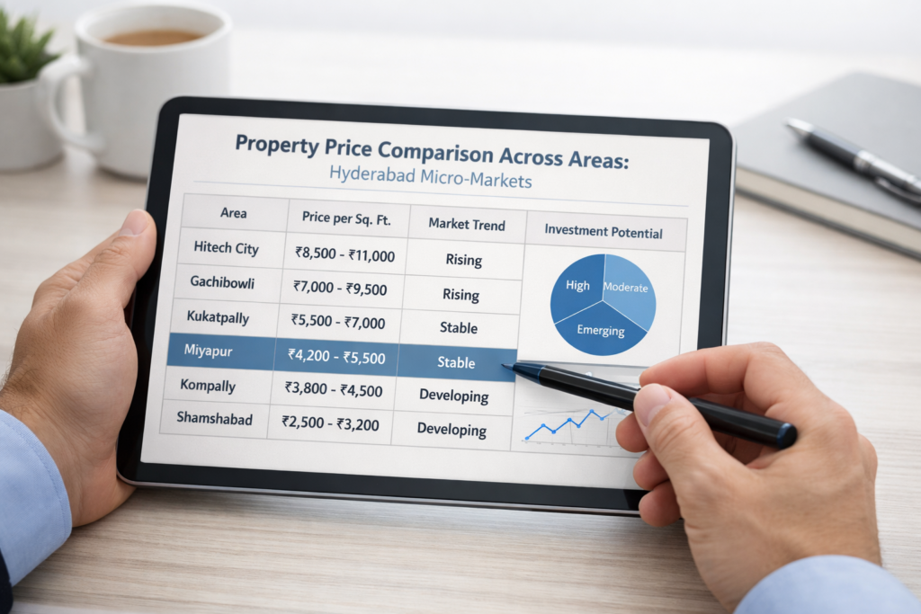 A comparison of Hyderabad's top real estate areas. Comparing price per square foot and the market trend. 