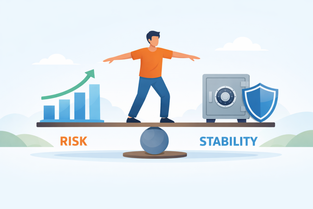 Investor balancing his portfolio among various asset classes to get higher risk and stability from his investments.