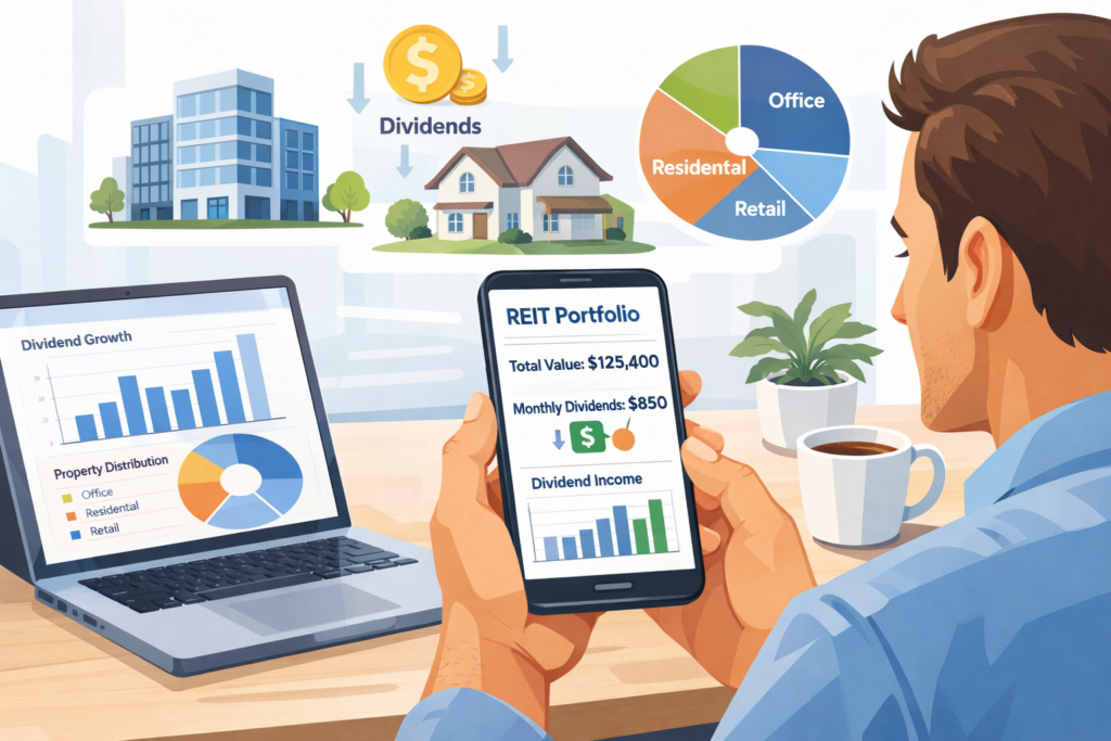 Illustration of REIT portfolio showing dividend income, property allocation across office, retail, and residential assets with growth charts and analytics.