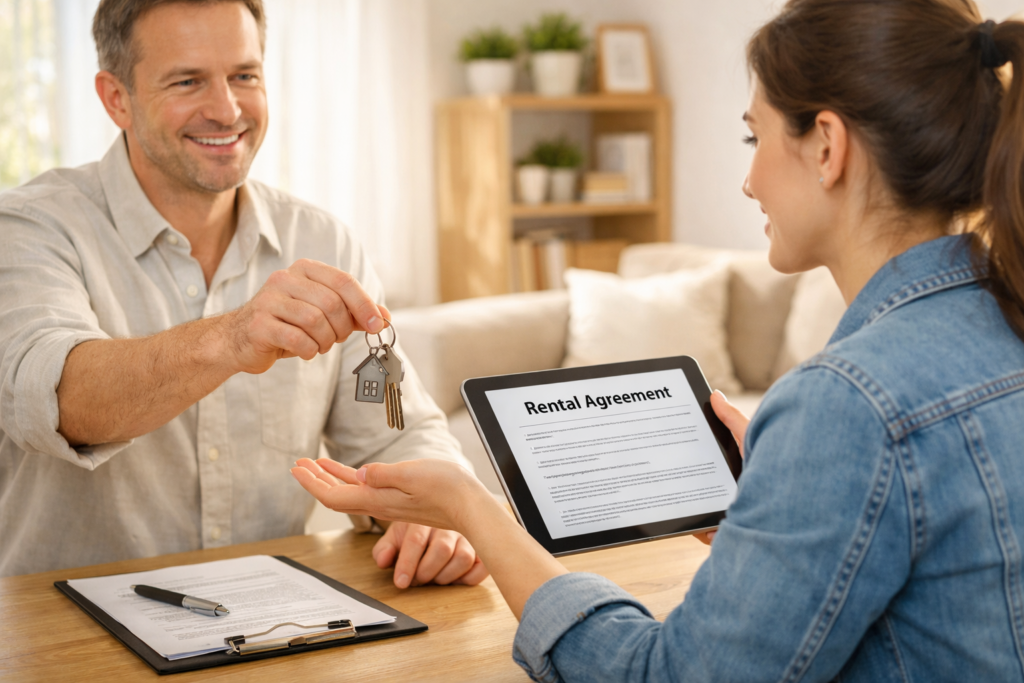 Landlord handing over house keys to tenant with rental agreement on tablet, representing property leasing and rental income in real estate investment.