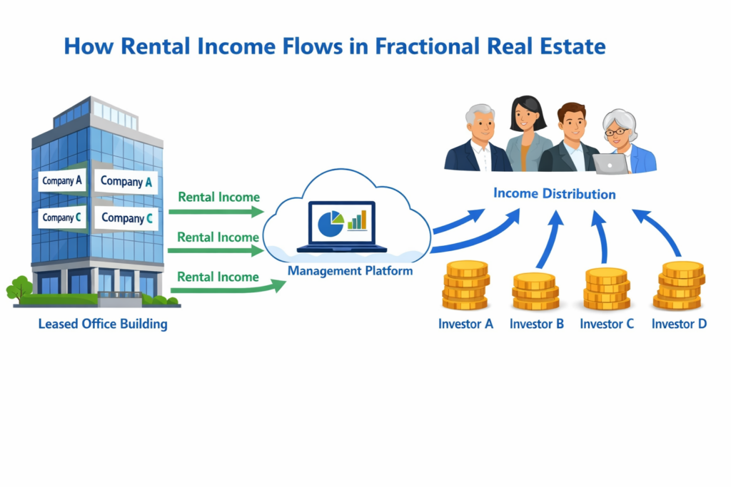 Diagram showing rental income flow in fractional real estate from leased office building through a management platform to distribution among multiple investors.