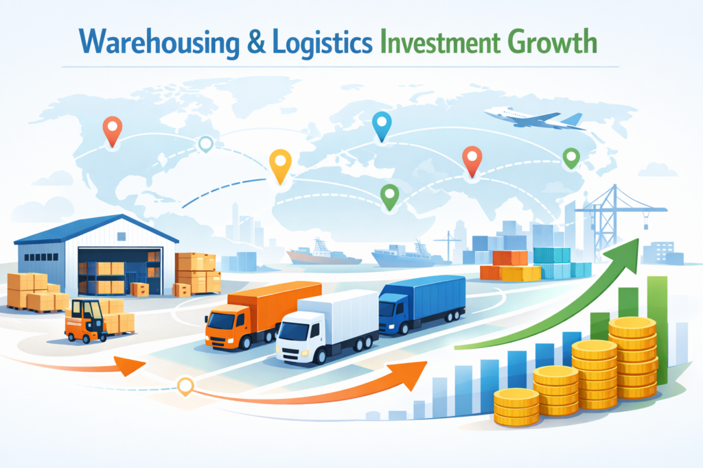 Illustration of warehousing and logistics investment growth with trucks, ports, global routes, and rising charts showing supply chain expansion.