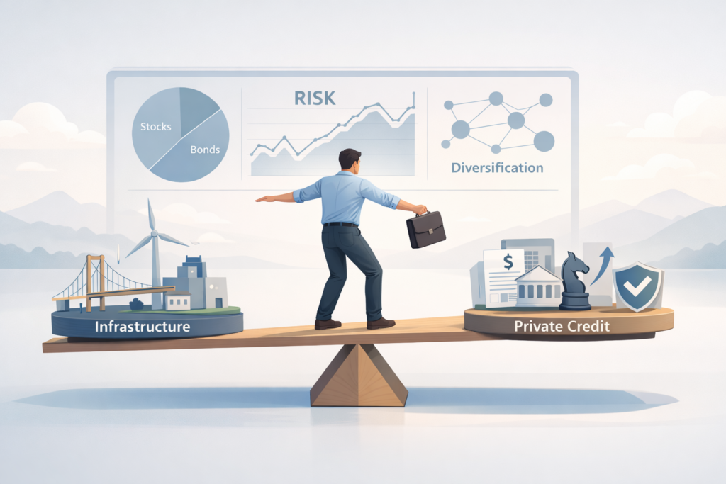 Retirement planner balancing his portfolio amongst Infrastructure and private credit to get maximum return.