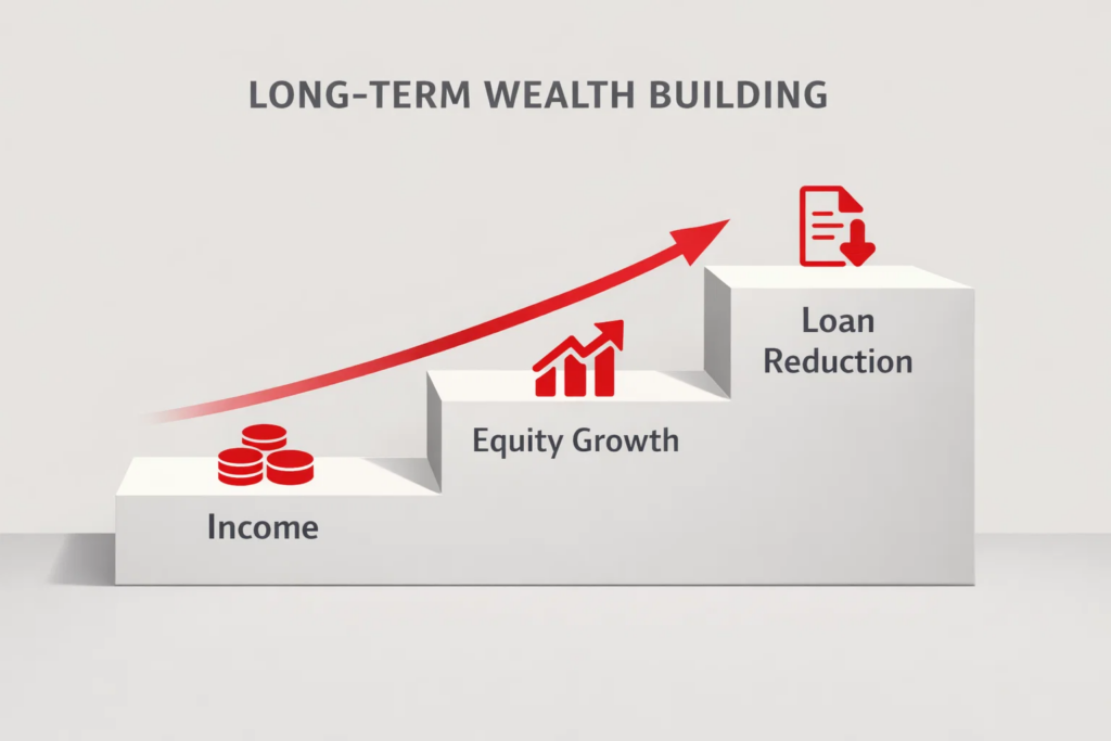 Illustration showing steps of wealth building through income, equity growth, and loan reduction with upward financial growth trend.