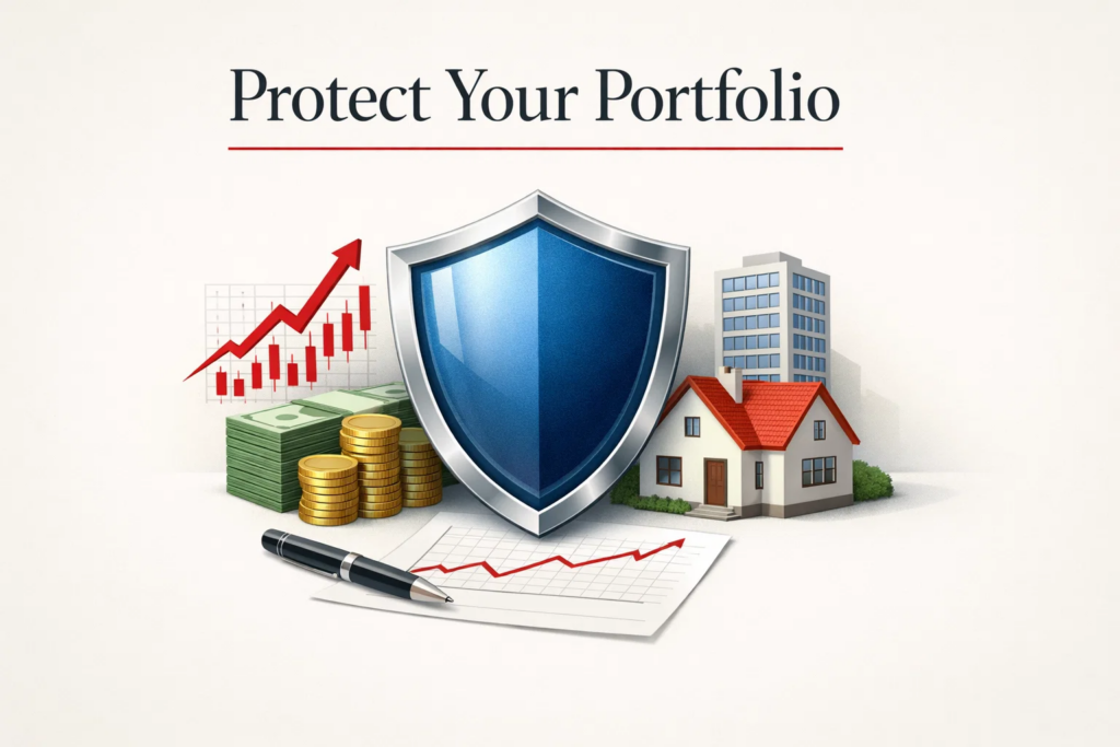 Shield protecting investment portfolio with stocks, cash, and real estate assets symbolizing risk management and diversification for retirement planning.