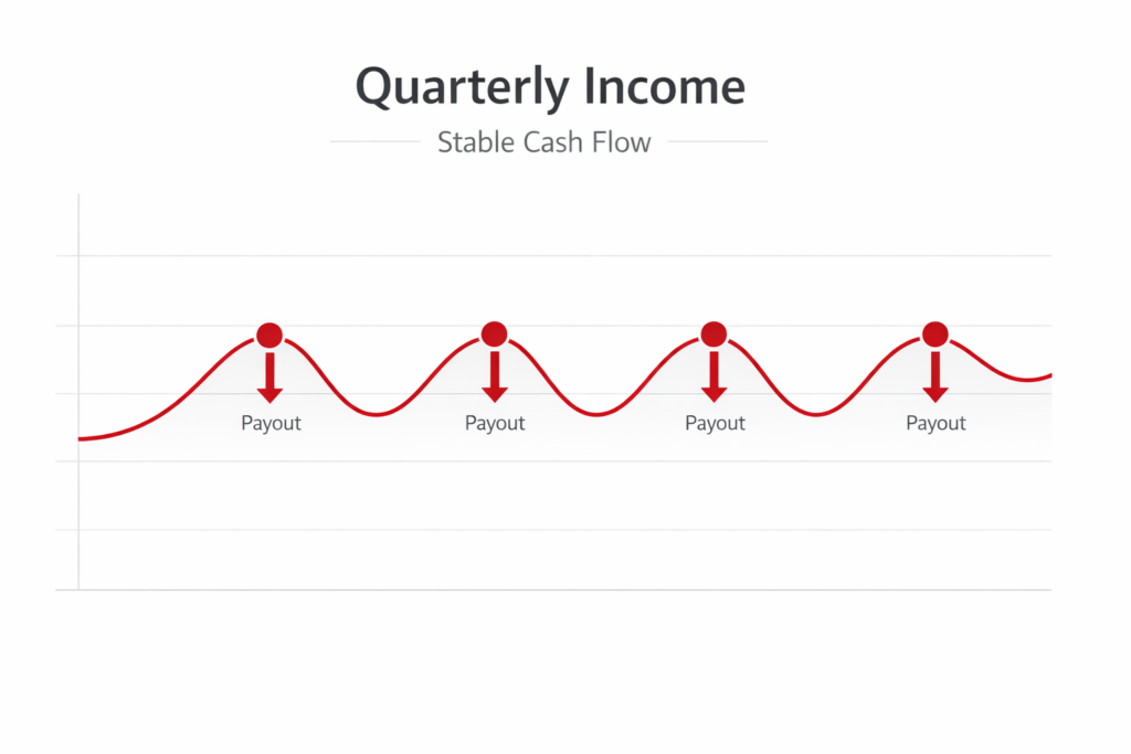 Illustration showing quarterly income payouts with stable cash flow pattern for REIT or real estate investments in India.