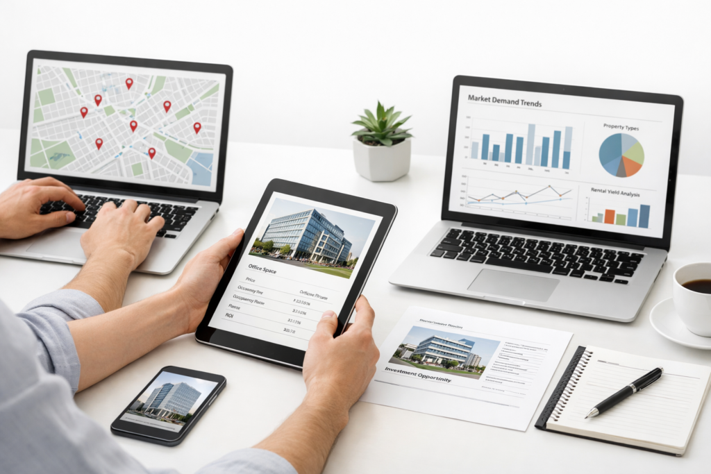 Investors evaluating returns of commercial real estate syndication through analytics.