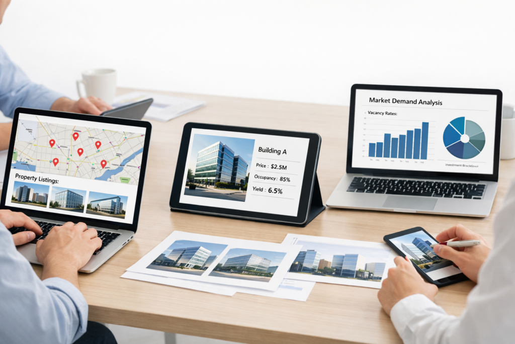 Investors reviewing fractional real estate opportunities across devices, analyzing property listings.