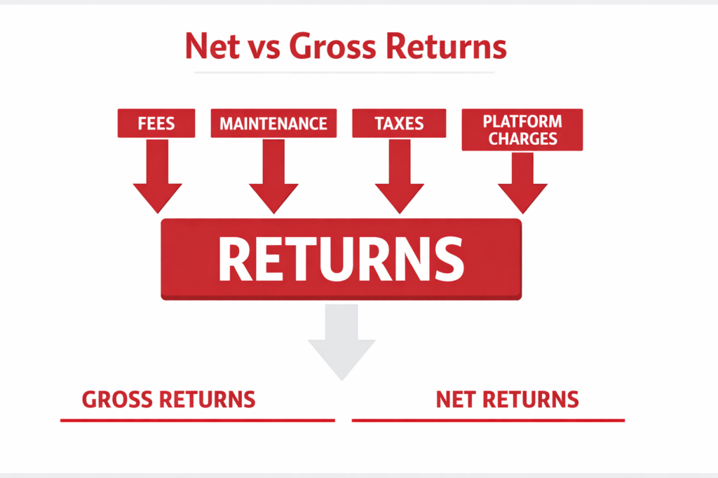 Diagram showing net vs gross returns in fractional real estate with fees, taxes, maintenance, and platform charges reducing overall investment returns.