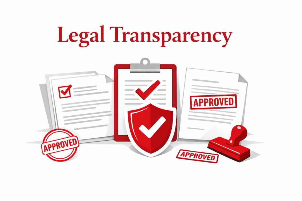 Illustration of legal transparency in fractional real estate with approved documents, checklist, and compliance stamps ensuring secure property investment.