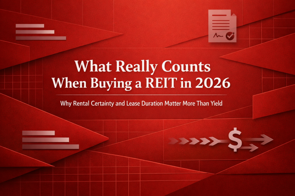 Red geometric background showing REIT investment concept with lease duration and rental certainty focus for stable income in 2026