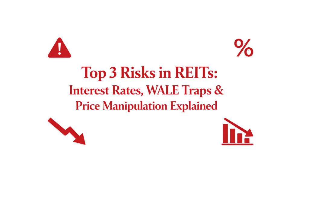 Minimal infographic showing top risks in REITs including interest rate impact, WALE traps, and price volatility with red warning and declining chart icons