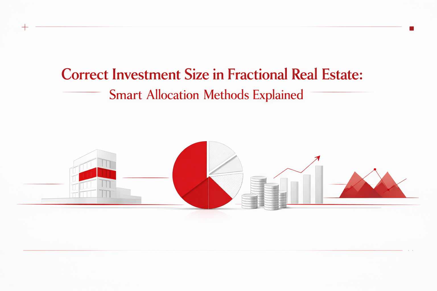 Infographic showing correct investment size in fractional real estate with portfolio allocation, diversification, and income-based strategy visuals in red and white theme