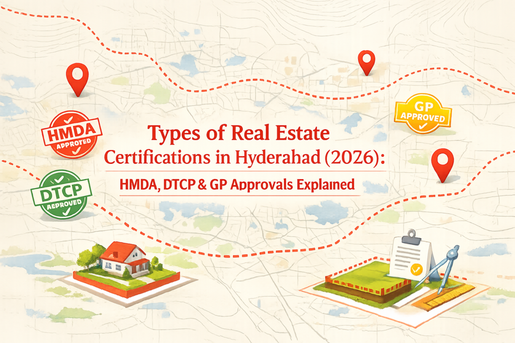 Infographic map showing HMDA, DTCP, and GP approvals in Hyderabad with location pins and certification badges for real estate verification in 2026