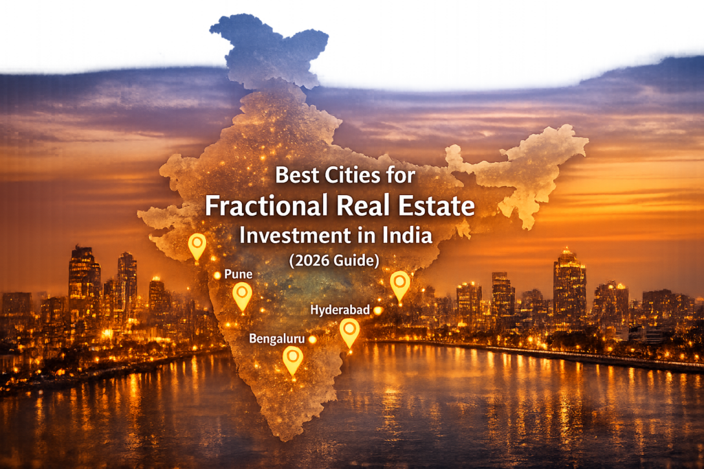 Infographic showing best cities for fractional real estate investment in India 2026 with map overlay highlighting Bengaluru, Hyderabad, Pune and key urban markets