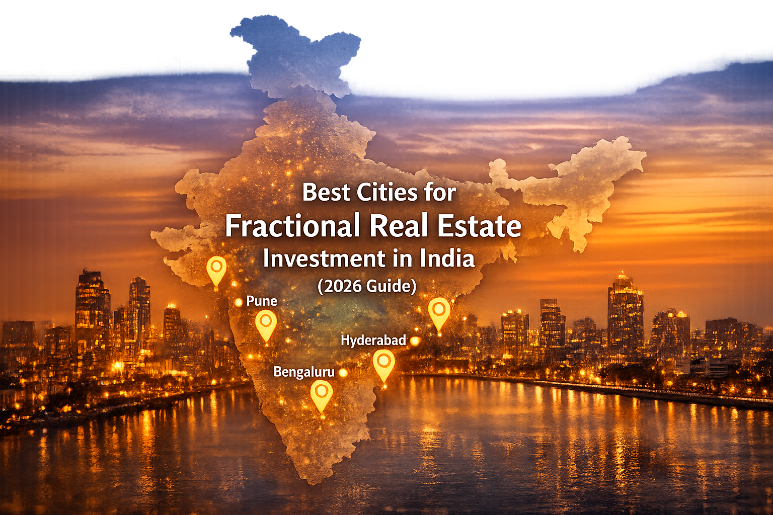 Infographic showing best cities for fractional real estate investment in India 2026 with map overlay highlighting Bengaluru, Hyderabad, Pune and key urban markets