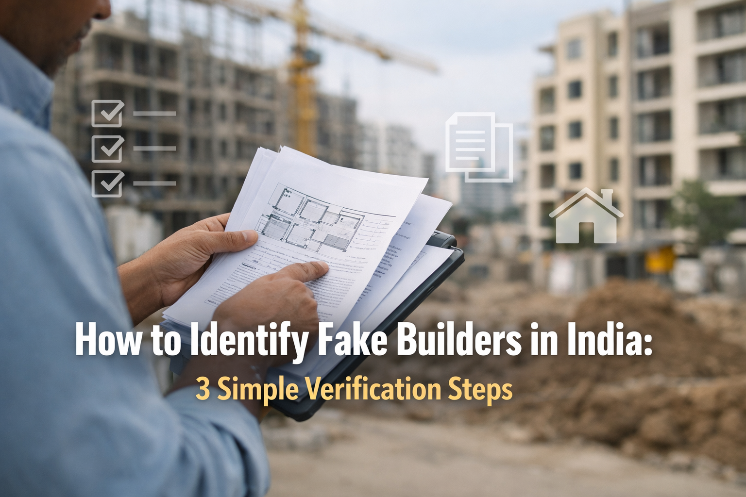 Person reviewing property documents at a construction site with checklist icons showing how to identify fake builders in India using verification steps like RERA and approvals