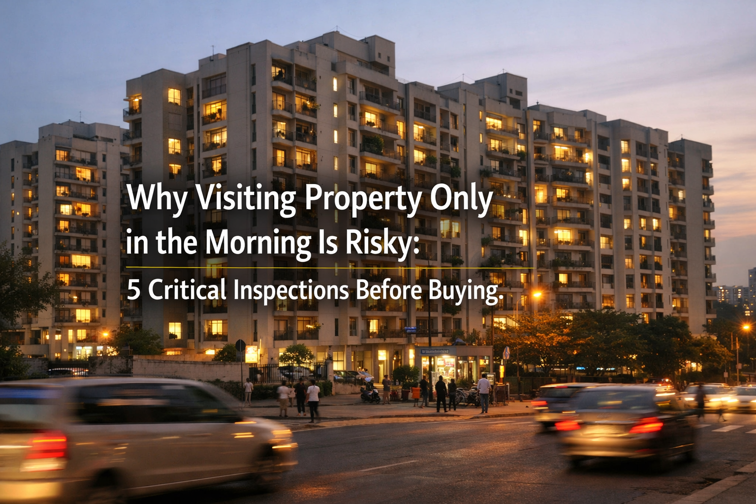 Evening view of a residential apartment with traffic and activity showing why visiting property only in the morning is risky and highlighting real living conditions before buying.