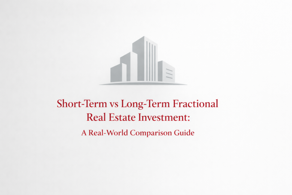 Minimal white background infographic comparing short-term vs long-term fractional real estate investment with clean building icon and red text highlighting investment strategy differences.