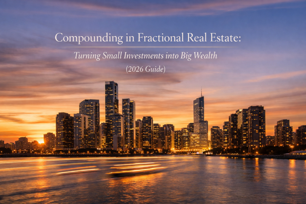 City skyline at sunset representing wealth growth and compounding in fractional real estate investments with modern commercial buildings and financial growth theme.