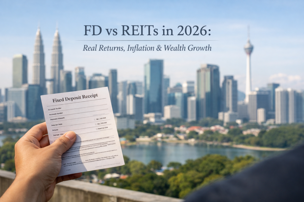 Person holding fixed deposit receipt with city skyline in background representing FD vs REIT investment comparison in India.