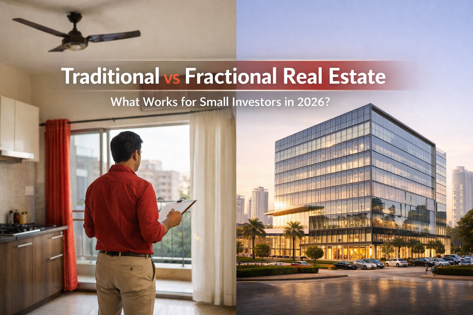 Split image comparing traditional residential property inspection with modern commercial building representing fractional real estate investment in India.