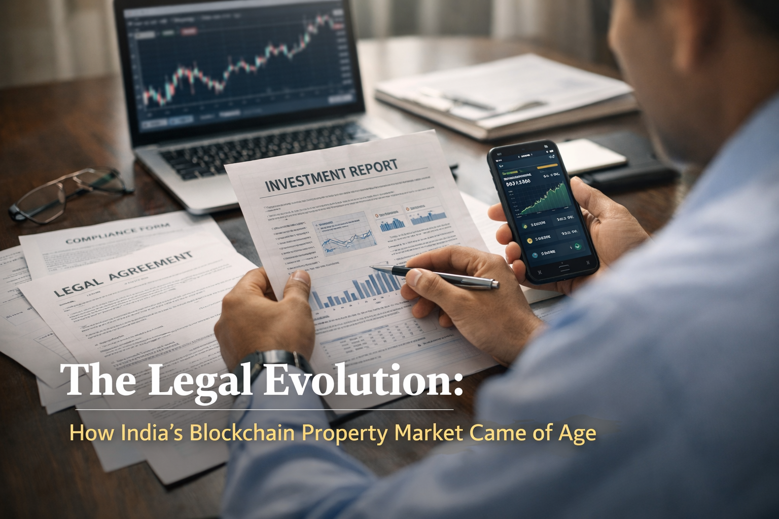 nvestor reviewing financial reports and legal documents on a desk with laptop and smartphone showing investment growth, representing regulated fractional real estate in India.