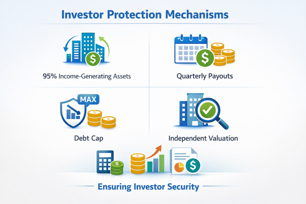 Infographic showing investor protection mechanisms in SM REITs including income-generating assets, quarterly payouts, debt cap, and independent valuation.