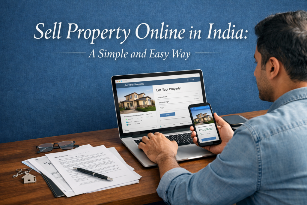 Person listing property online in India using laptop and mobile app with documents on desk.
