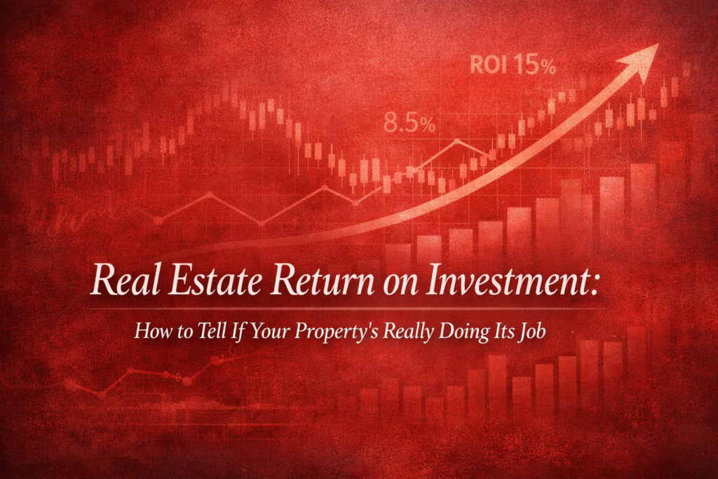 Real estate ROI concept with financial charts, growth graph and percentage indicators on a red textured background.
