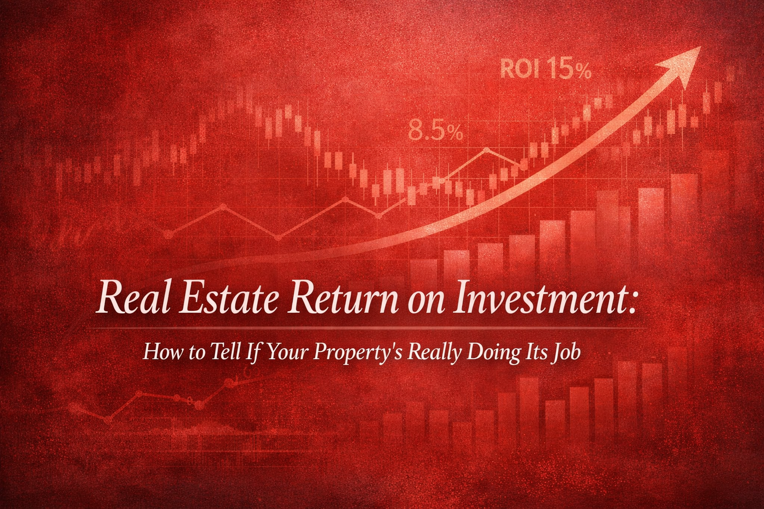 Real estate ROI concept with financial charts, growth graph and percentage indicators on a red textured background.