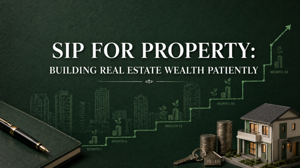 Professional visual showing a systematic investment plan (SIP) strategy to accumulate wealth for real estate purchases.