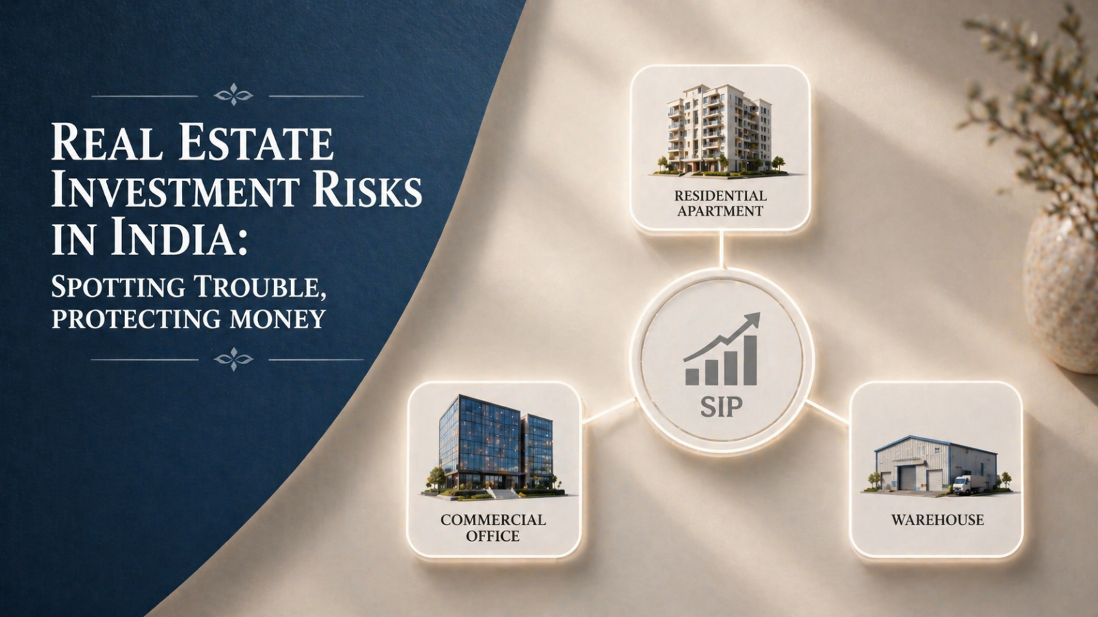 An infographic illustrating how to manage real estate investment risks in India by vetting titles, developers, and market volatility.