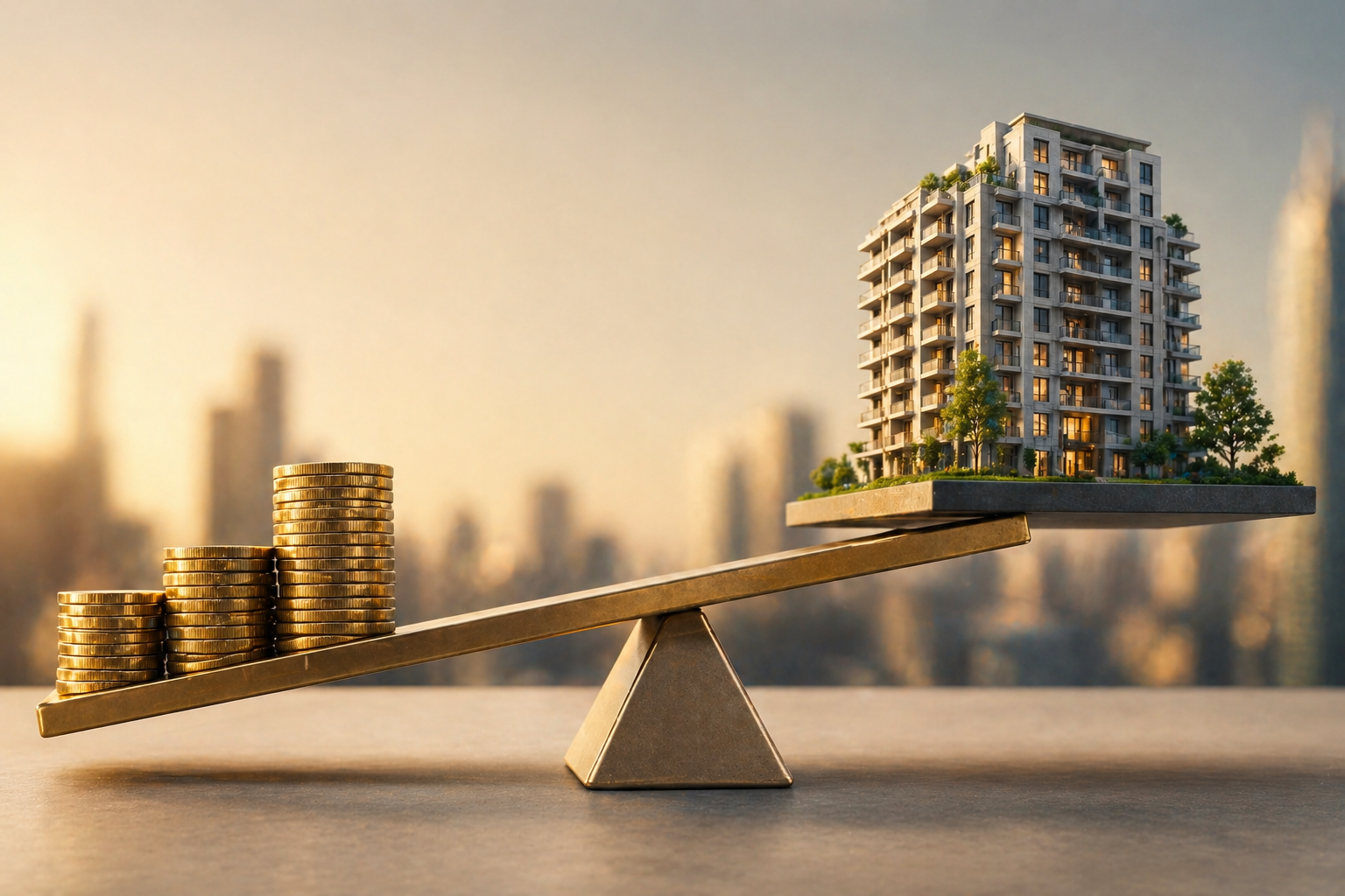 Conceptual 3D visualization of financial leverage in real estate investing using a gold lever to lift property assets.