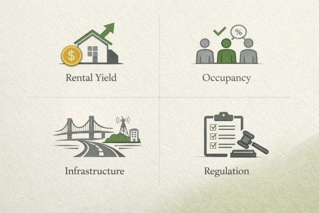 Features like Rental yield, occupancy, Infrastructure, regulation that should be considered before investing.