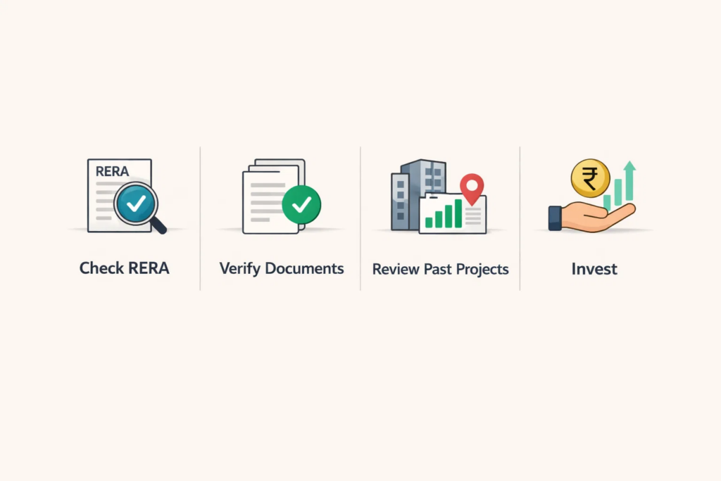 A checklist suggesting Check RERA certificate, verify documents, review past projects and then invest.