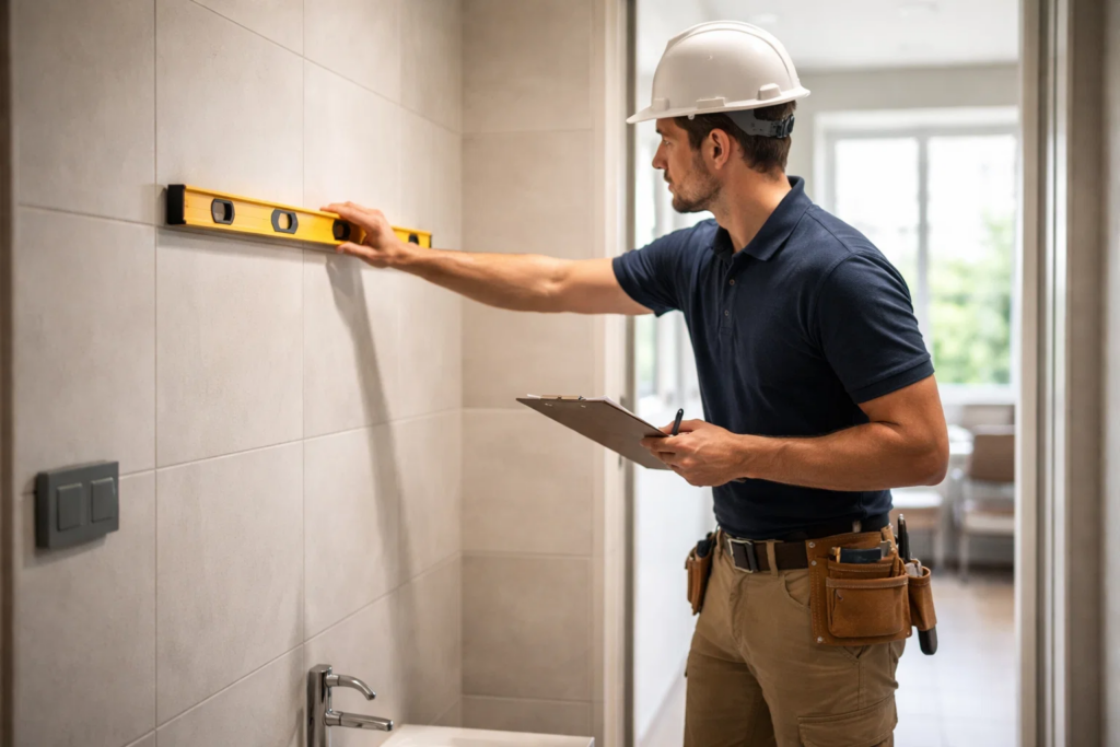A person inspecting the conditions of the house like water, tiles and walls.