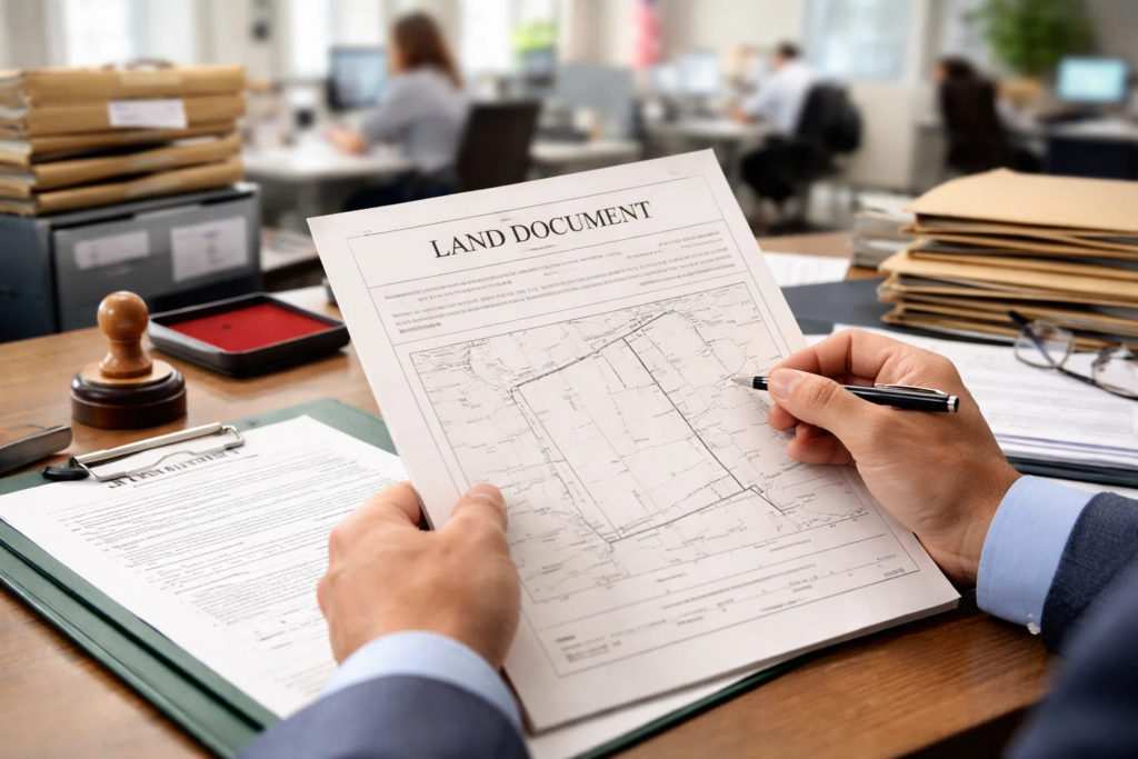 A person reviewing land document to convert agricultural land to residential land.